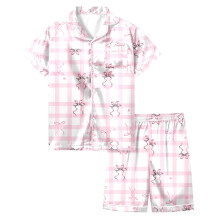 2 Piece Outfits Girls Clothing Set Short Sleeve Bow Print Button Down Lapel Shirts Shorts For Kids 3-13 Years Home Clothes Comfy Outfit