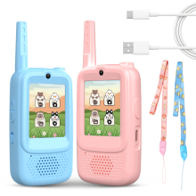 2-pakning oppladbare video-walkie-talkier med kamera, rosa og blått design – innendørs/utendørs leker for familieleker, camping, bursdager