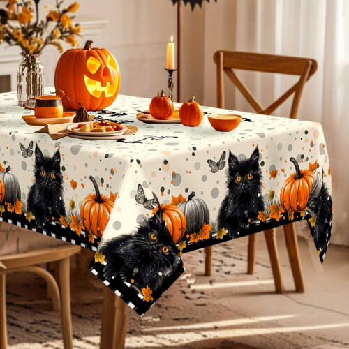 Τραπεζομάντιλο Halloween Black Cat 80x120cm, Σχέδιο Κολοκύθας & Γάτας, Πλενόμενο Ορθογώνιο