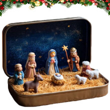 Christmas Nativity Scene Gift Tin 2025, Handcrafted Holy Family Figurines with Stable Manger – Religious Holiday Decor for Home or Church Table