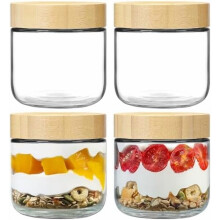 Lot de 4 bocaux en verre de 280 ml avec couvercles hermétiques en bambou, contenants à large ouverture de type Mason pour salades et flocons