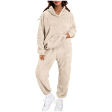 Conjunto de pijama feminino de lã felpuda, composto por blusa de moletom de manga comprida e calça. Conjunto de 2 peças com bolsos.
