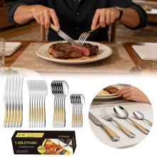 24-Pc Gold-Plated Stainless Steel Tableware Set with Star Pattern Fork & Spoon – Polished, Durable, for Home/Western Cuisine. Compatible with family