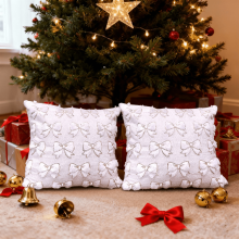 Housse de coussin à nœud papillon pailleté 44 x 44 cm, housse de coussin matelassée pour les fêtes avec nœud doré – 2 pièces rose,