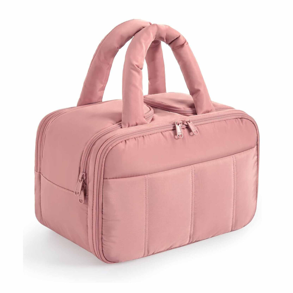 Pink Lightweight Large Capacity 12 Inch Makeup Bag Puffy Cosmetic Container Multifunctional Portable Travel Toiletry Pouch With Handle
