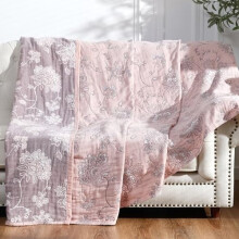 Boho 100% Cotton Muslin Twin Blanket (50x60"), 4-Layer Quilted, Reversible Floral Throw – Soft Pink/Red, Breathable & All-Season