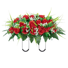 Artificial Cemetery Flower Saddle for Grave Tombstone – Blue & White Rose Headstone Decoration (Compatible with Standard Tombstones)