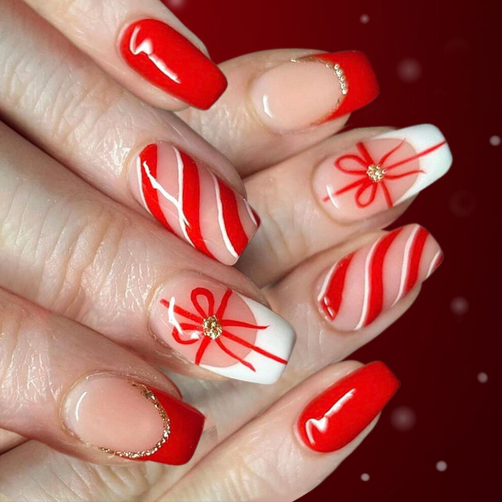 24PCS Santa Snowflake Christmas French White Tip Glitters Fake Nails Holiday Party Gift For Manicure