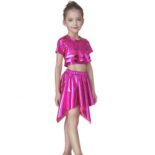 Girls' shiny short sleeve dance top hot pink 5-6 years