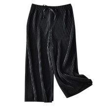 AWZXDE Pants Pleated Wide Leg Girls Loose Leisure Chiffon Long Trousers Comfortable Nine Parts Pants for Warm Weather Black,10-11 Years