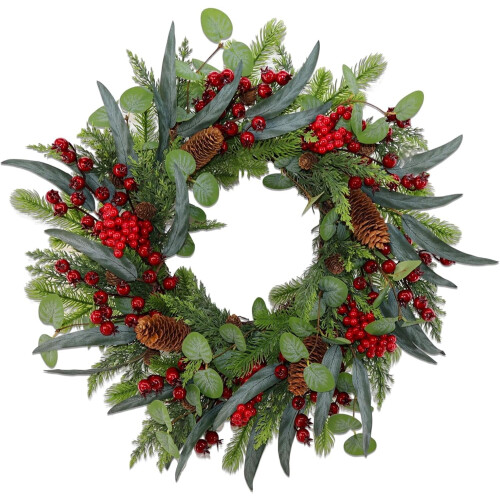Artificial Christmas Wreath 22 inch with pine cones red