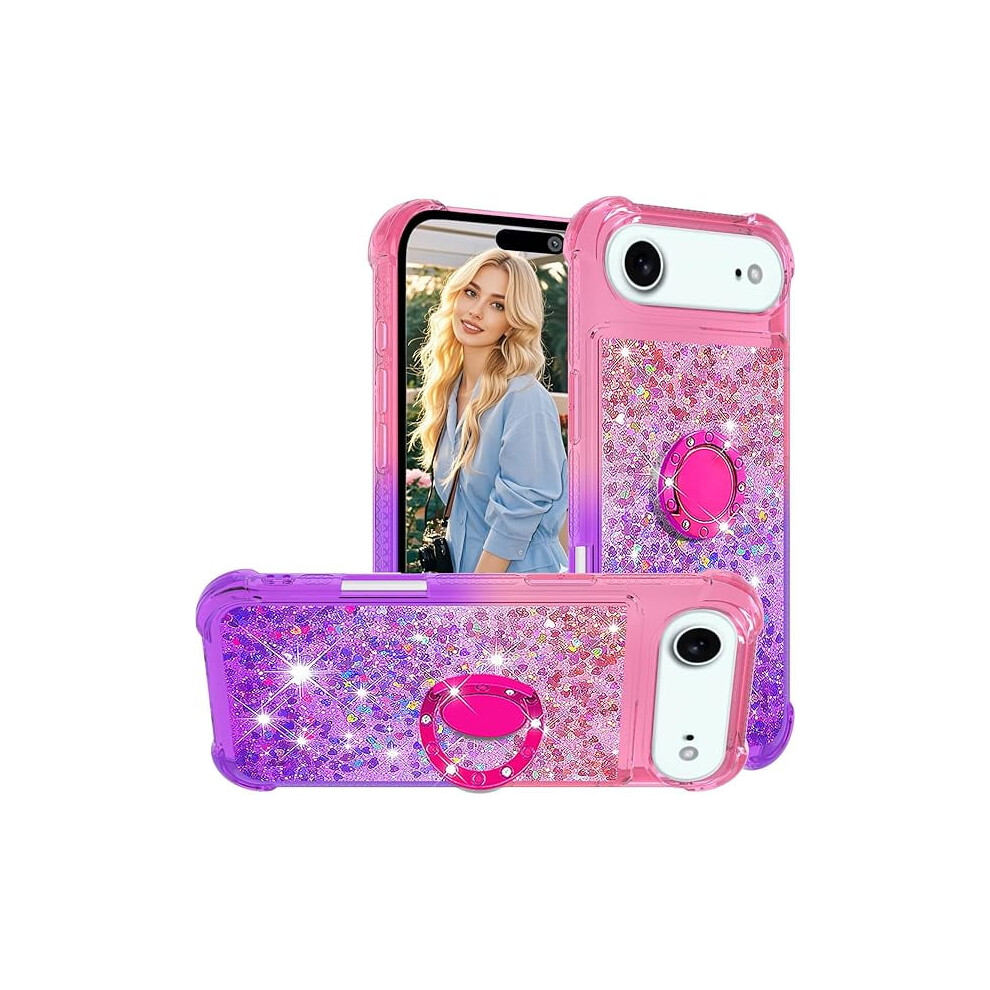 Gradient Liquid Glitter Case For Iphone 17 Air 6.5", With Ring Kickstand, Bling Heart Floating Sparkle, Soft Tpu Shockproof Cover – Jb-Pink Purple 9450273988627