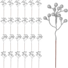 24PCS 7" Silver Berry Stems, Holly & Glitter Christmas Picks – Compatible with DIY Crafts, Garland & Tree Decor