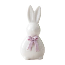 Figura de conejo de porcelana morada con lazo – Decoración de Pascua, cerámica, compatible con interiores del hogar.