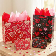 Ensemble de 2 sacs de 33 cm pour la Saint-Valentin avec cartes et papier de soie – Thème cœur rouge pour la Saint-Valentin, la Galentine's Day,