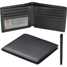 Slim Mens Wallet, Genuine Leather Bifold Wallet for Men RFID Blocking Thin with ID Window, 8-9 Credit Card Slots (Black)