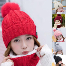 Women's Knit Hat & Scarf Set with Pom Pom Beanie, Fleece-Lined Warm Cap, Winter Outdoor Set for Skiing/Snowboarding—Black
