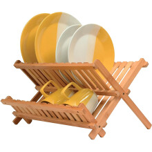 Égouttoir à vaisselle en bambou, égouttoir de cuisine pliable à 2 niveaux pour assiettes, tasses et ustensiles – Égouttoir pliable peu
