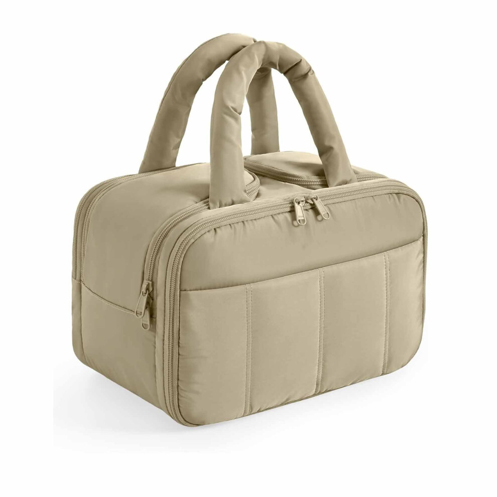 Lightweight Large Capacity 12 inch Makeup Bag Puffy Cosmetic Container Multifunctional Portable Travel Toiletry Pouch with Handle Apricot