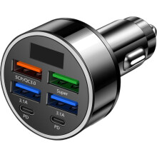 QenASHaing 12-24V Car Charger with Digital Display, 4 USB Ports 2 PD Fast Charging, for Vehicle Truck SUV Plug-In Use