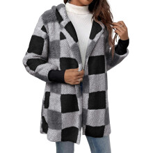 Cardigan de iarnă cu guler pufos din fleece pufos pentru femei, cu deschidere în față