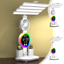Lampe de bureau LED RGB intelligente avec horloge, ventilateur et porte-stylo - Lampe de lecture pliable et rechargeable pour bureau, chambre