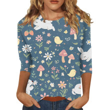 T-shirts à manches 3/4 pour femmes, tailles S à 3XL, motif œufs de Pâques, col rond, hauts d'été pour femmes.