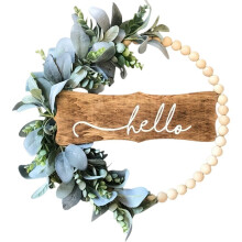 Couronne printanière et estivale verte pour porte d'entrée, couronne de bienvenue en perles de bois et oreilles d'agneau pour la décoration de la