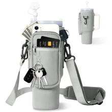 Sac isotherme pour bouteille d'eau avec poche pour téléphone, bandoulière et cache-paille pour gourde de 890/1180 ml – Gris