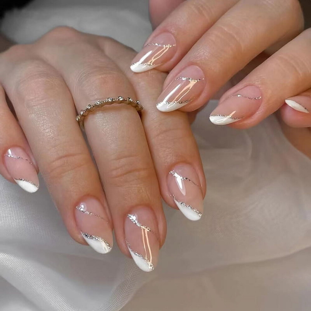 Press on Nails Medium Almond Fake Nails French Tips False Nails 24 pcs Stick on Nails for Women