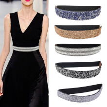 Women Belt Adjustable Elastic Band Shiny Rhinestone Wide Anti-slip Clothes Matching Anti-break Tight Waist Dress Waistband Clothes Accessory Blue