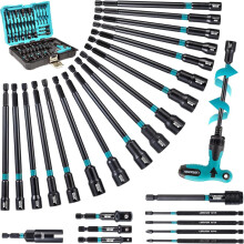 27-Pc Nut Driver Set with Ratcheting T-Handle, Compatible with Impact Drill, Metric & Long Sockets, Bits, Adapters, Wing Nut Driver