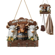 2D Flat Cow Key Holder for Wall with 4 Hooks – Wood Bathroom/Bedroom/Hallway Coat Hook, Compatible with Standard Keys