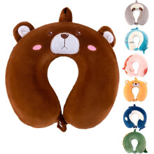 Kids Travel Pillow for Airplane, Road Trip, Car Seat - Neck, Chin Supporting - Memory Foam Insert and Cute Animal Plush Cover - Gift for Boys, Girls