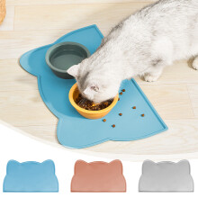 Non-Spill, Non-Slip Silicone Pet Placemat – Waterproof, Easy-Clean, Raised Edge, Cat/Dog Food/Water Bowls, Cute Cat Head Shape (Blue/Gray/Pink),