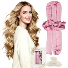 Serenade Textured Satin Heatless Curls Overnight Set for Women & Girls – Includes 2 Satin Scrunchies + 1 Clip, Pink