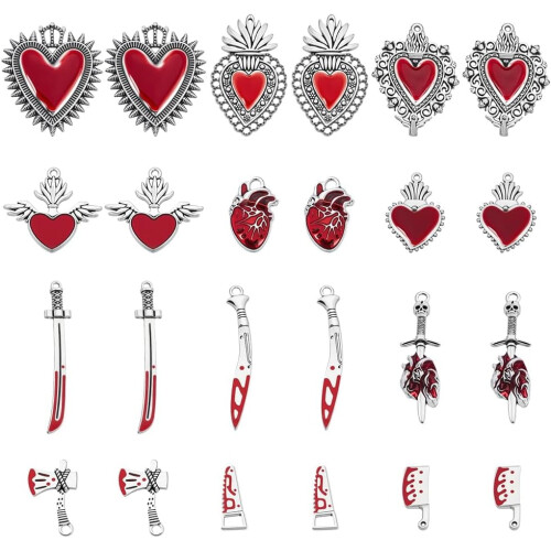 24 rote Emaille-Herzanhänger – Gothic-Anhänger-Set