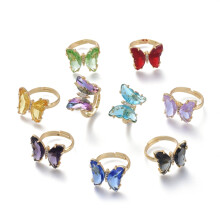5 anelli regolabili in ottone e vetro con farfalla in zirconi cubici trasparenti, colore oro misto, taglia 7, diametro interno: 17 mm