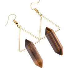 Stone Dangle Drop Earrings for Women, Hexagonal Double Points Healing Crystal Quartz Gold Plated Triangle Earrings with Hook