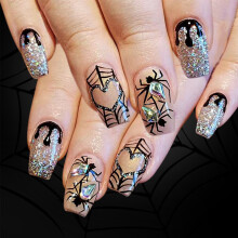 Halloween Glitter Kunstige Negle Edderkoppespind Hjerte Kunst Designs 24 Stk Kunstige Kunstige Negle