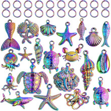 20pcs Rainbow Stainless Steel Ocean Charms (Starfish, Seashell, Octopus) + 20pcs Open Jump Rings for DIY Jewelry Making