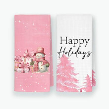 Conjunto de 2 panos de prato natalinos 40x60cm – Estampa de árvore de Natal e boneco de neve, cor rosa, compatíveis com escorredores de pratos