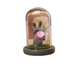 Lapin noir lumineux avec rose sous cloche en verre, rose stabilisée, cadeau idéal pour la Saint-Valentin, un anniversaire ou toute autre occasion