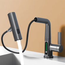 Schwarze, ausziehbare Küchen- und Badarmatur mit digitaler LED-Temperaturanzeige, keine Batterie erforderlich, Wasserfallbecken, kompatibel mit