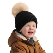 AWZXDE Kids Knit Winter Hat With Pom For Outdoor Cold Weather Warm Ear Black