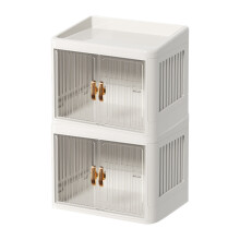 Boîte de rangement pliable à double porte pour maquillage avec 2 tiroirs, présentoir cosmétique pour bureau/coiffeuse/salle de bain (blanc)