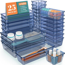 25 count Drawer Organizer Set, 4 Sizes Desk Drawer Divider Organizers and Storage Bins for,, Gadgets for Kitchen,, Bathroom, Office, Clear Dark Blue