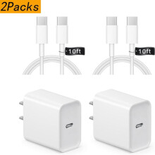 2-Pack 20W PD USB-C Wall Charger + 6FT/10FT C-to-C Cable, compatible with iPhone 16/15, iPad Pro/Air/Mini, Samsung Galaxy