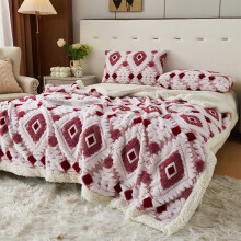 Cationic Jacquard Hollow Taffeta Lambswool Blanket 59" x 39" Office Nap Throw Soft Warm Double Layer for Sofa Bed Red