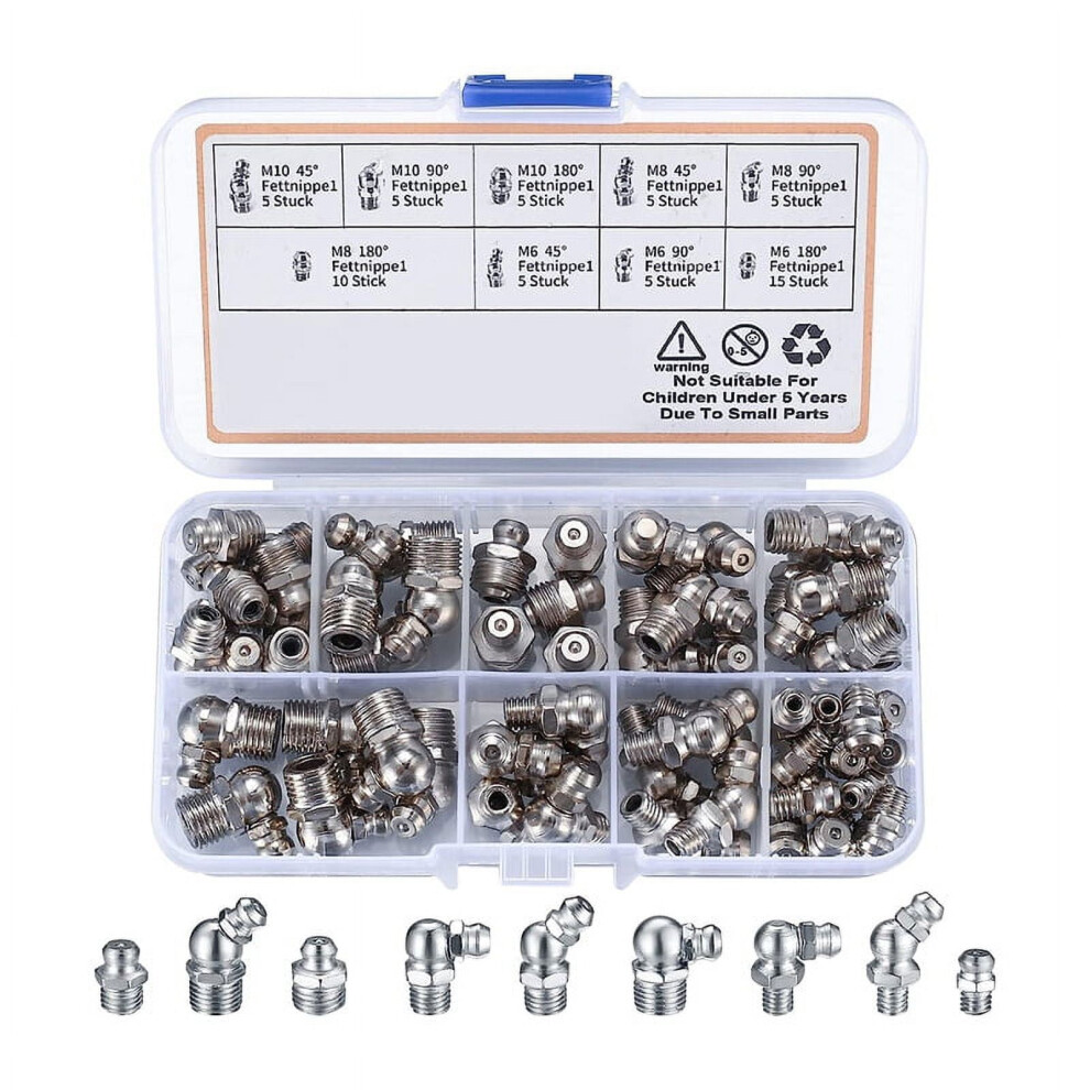60Pcs Metric Grease Fittings Kit, M6 M8 M10 45 90 Degree Hydraulic Zerk Assortment For Angled Mechanical 9340959207541
